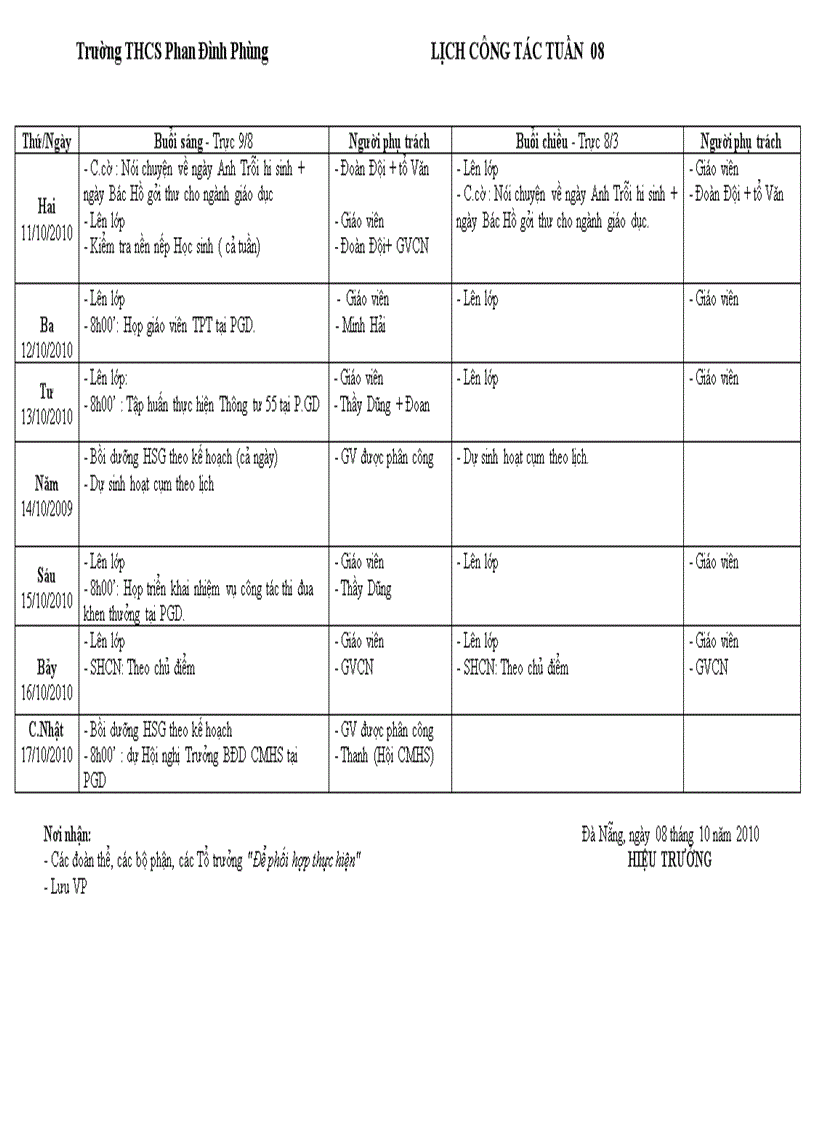 Lịch công tác tuân 8 tháng9