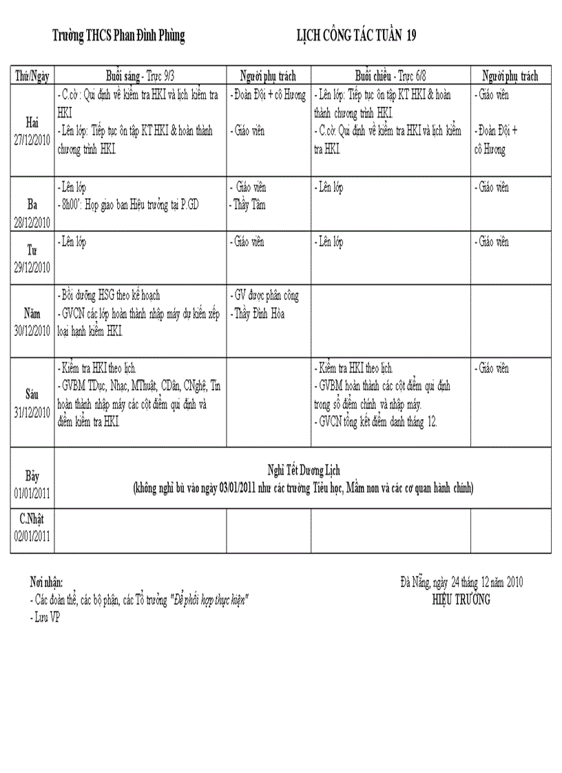 Lịch công tác t19 tháng 12