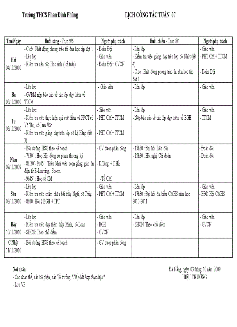 Lịch công tác t7 tháng 10