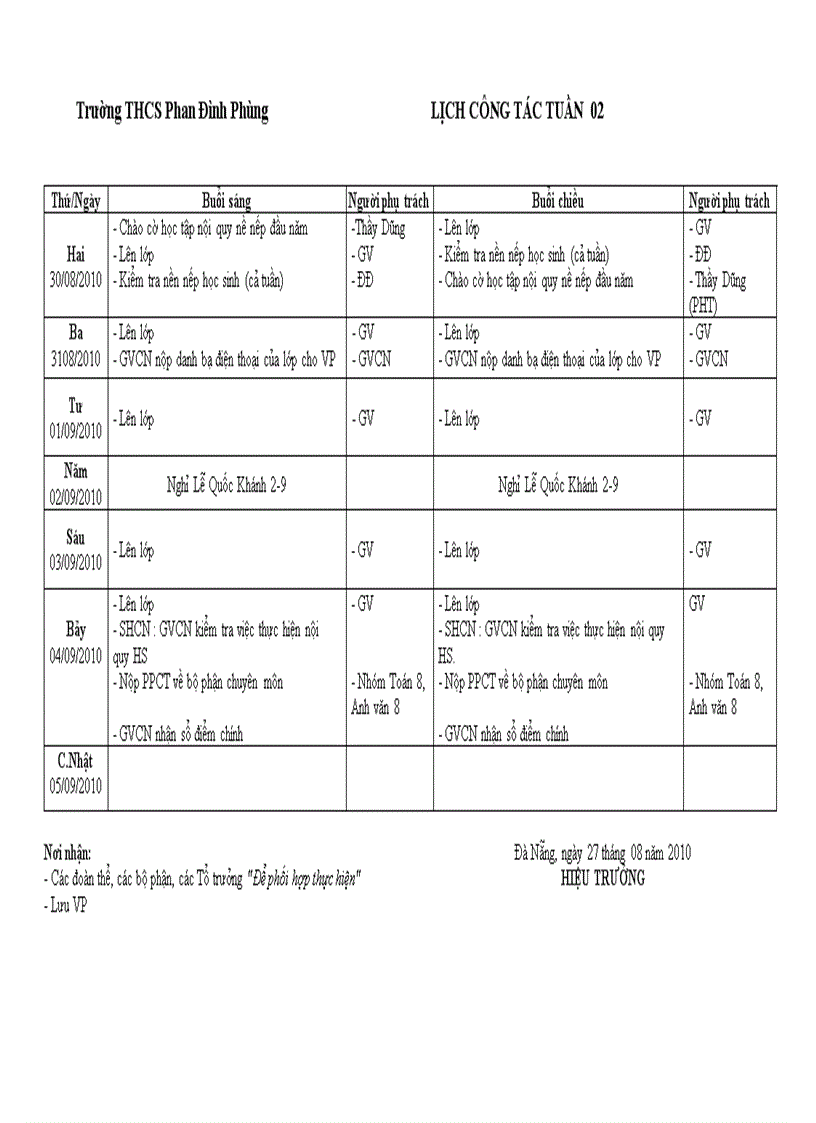 Lịch công tác tuần 2 tháng 8 2010