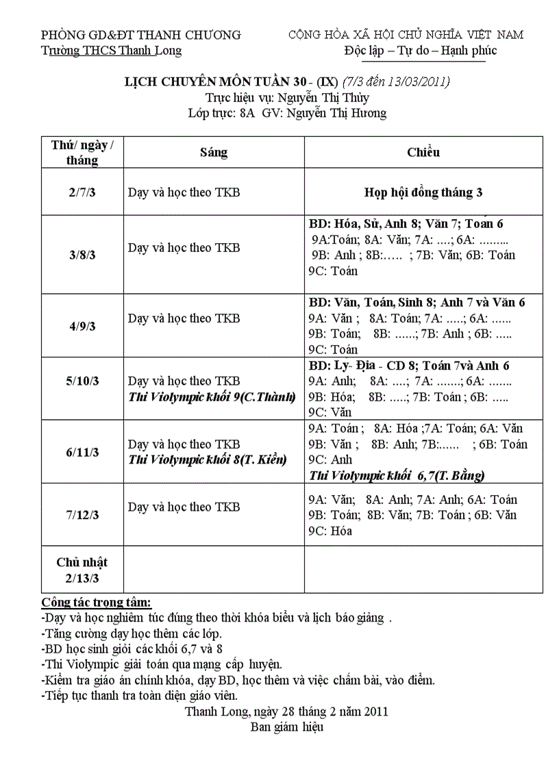 Lịch chuyên môn tuần 30