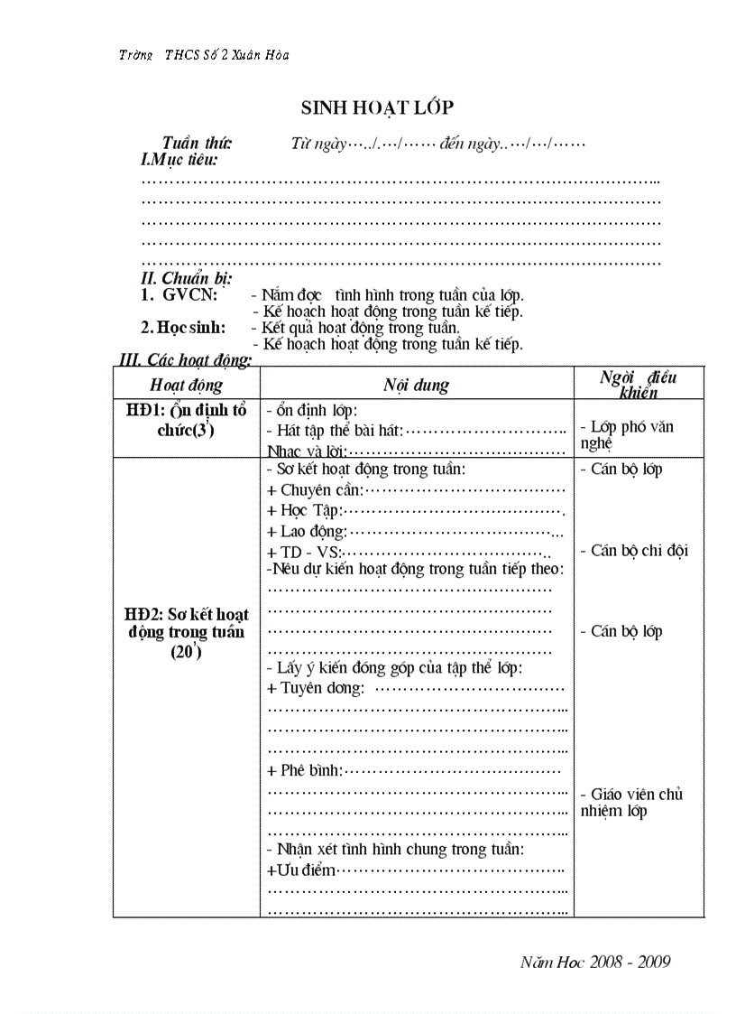 Giao án sinh hoạt lớp