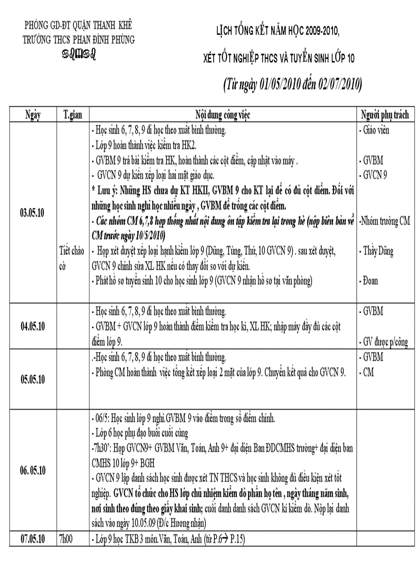 Lịch công tác tháng 5 2010