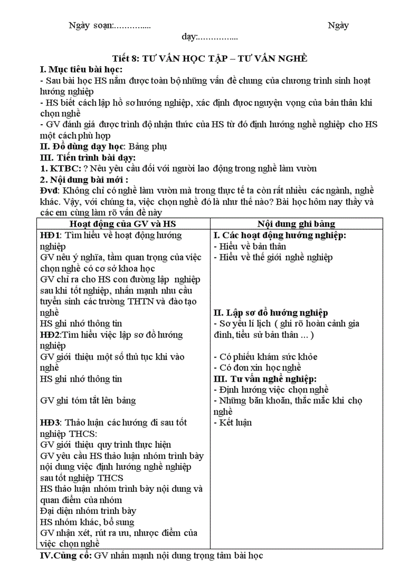 Hướng nghiệp tiết 8