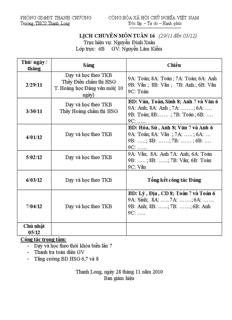 Lịch CM tuần 16