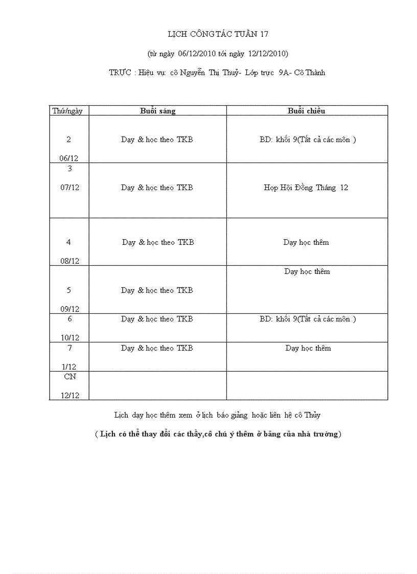 Lịch chuyên môn tuần 17