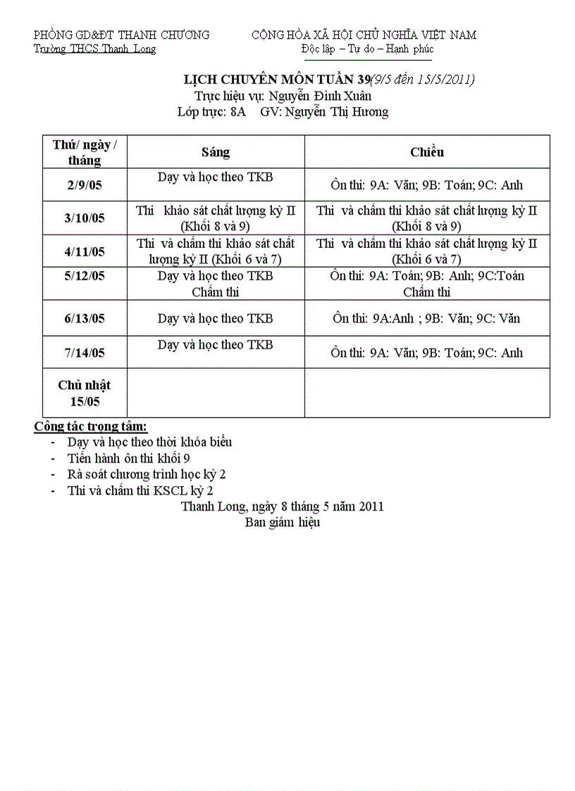 Lịch CM Tuần 39