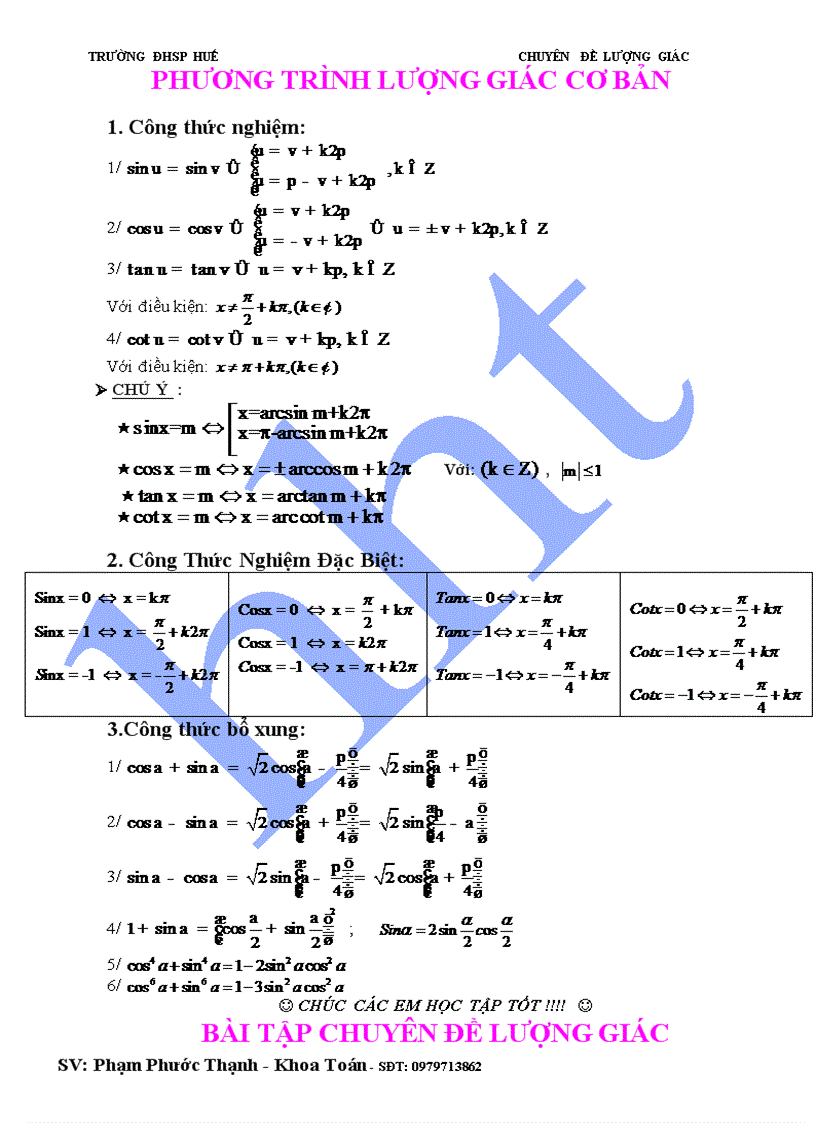 Chuyên đề Phương trình lượng giác