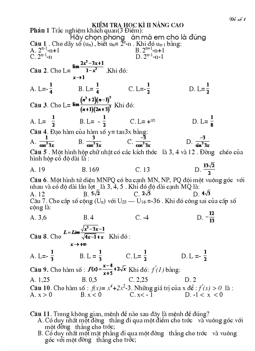 Đề kiểm tra cuối năm lớp 11 nâng cao
