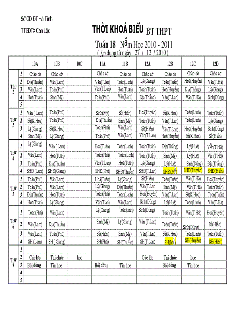 Thời khóa biểu từ tuần 18