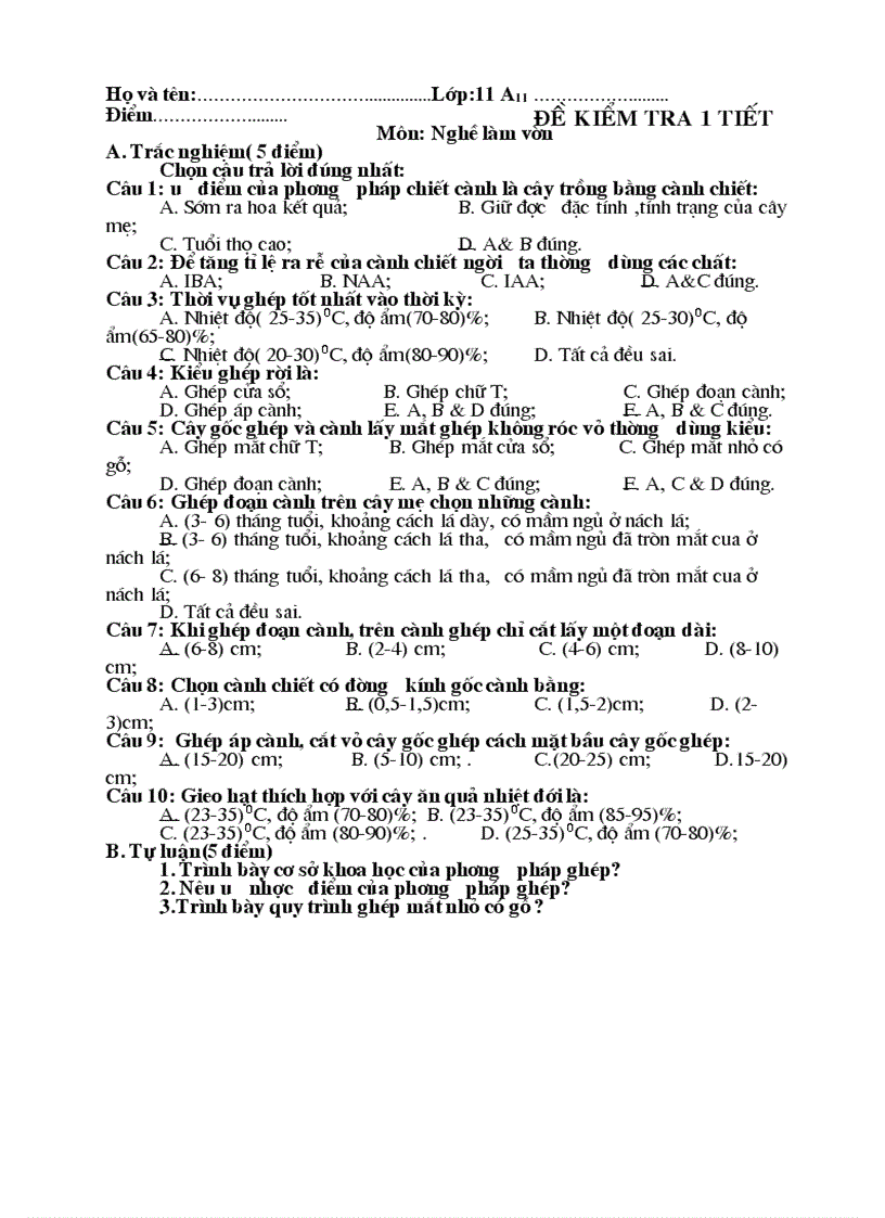 Đề và đáp án kiểm tra 1 Tiết nghề làm vườn