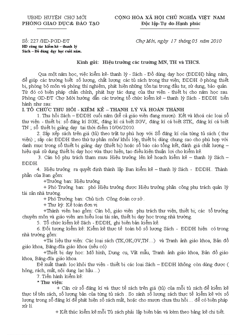 Công văn hướng dẫn kiểm kê thanh lý sách đồ dùng dạy học cuối năm 2009 2010