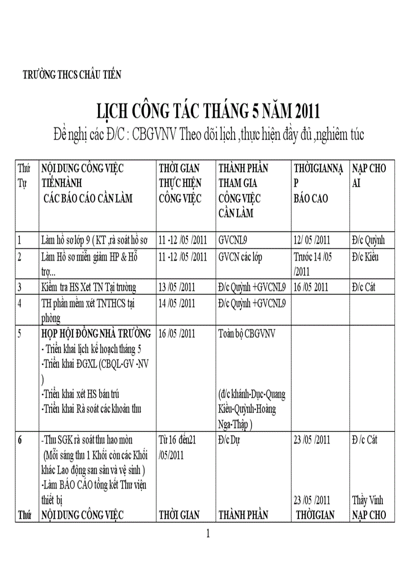 Lịch kế hoạch công tác tháng 5