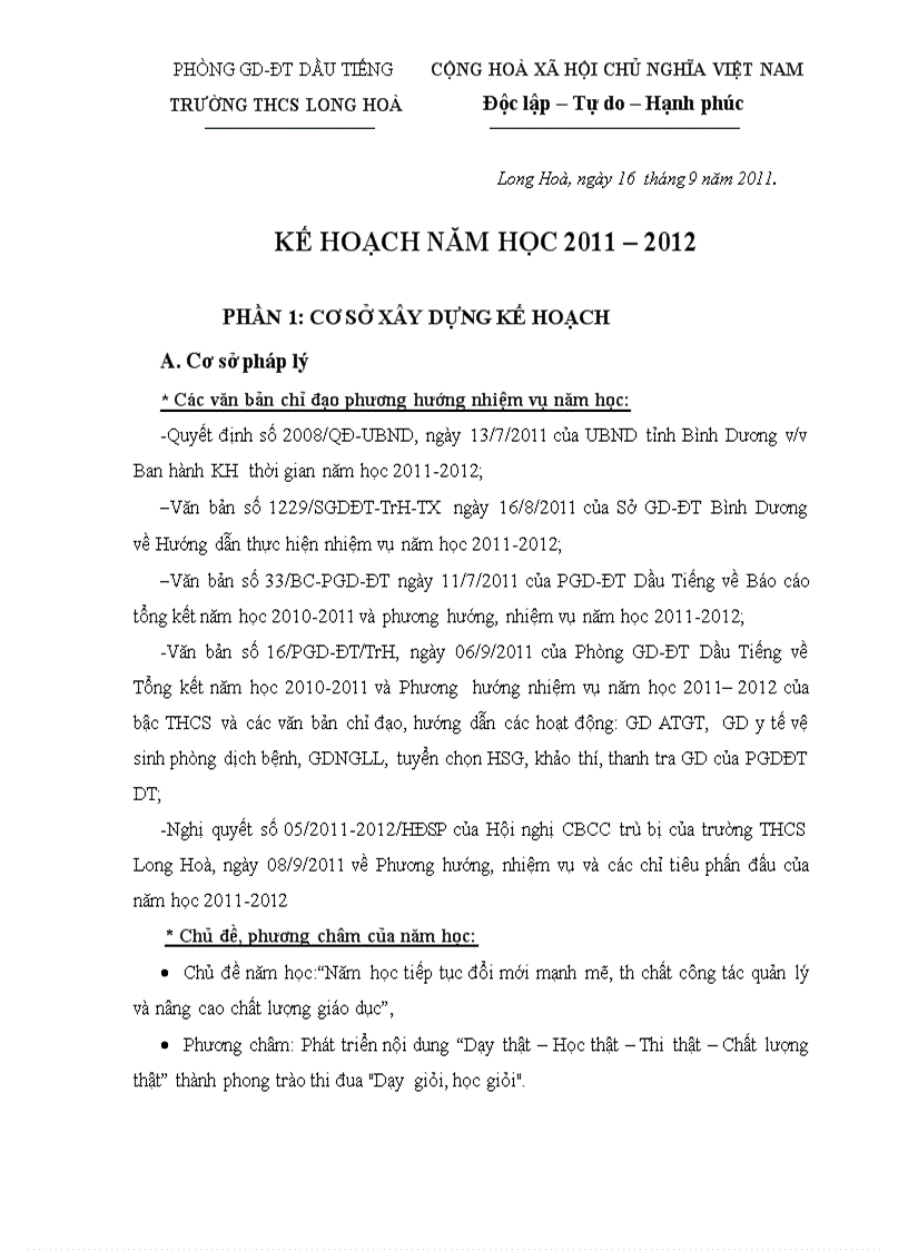 Kế hoạch công tác năm học 2011 2012