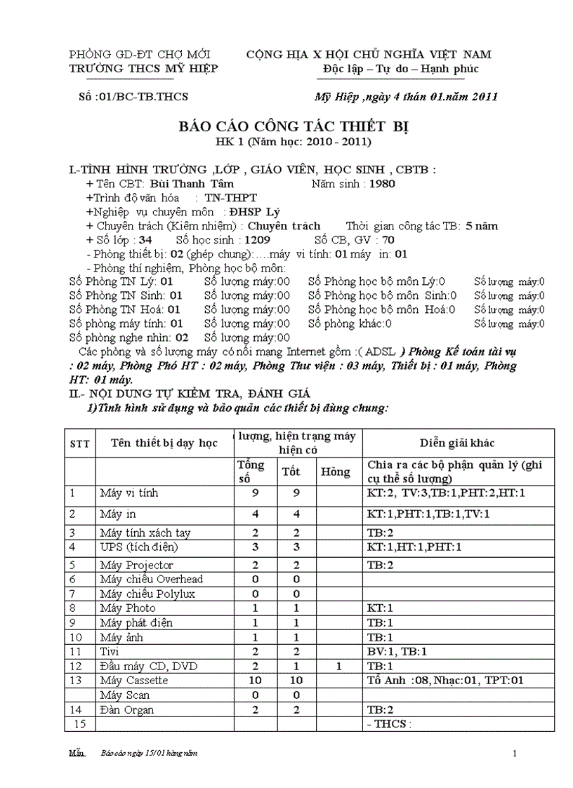 THCS Mỹ hiệp báo cáo thiết bị HKI 2010 2011