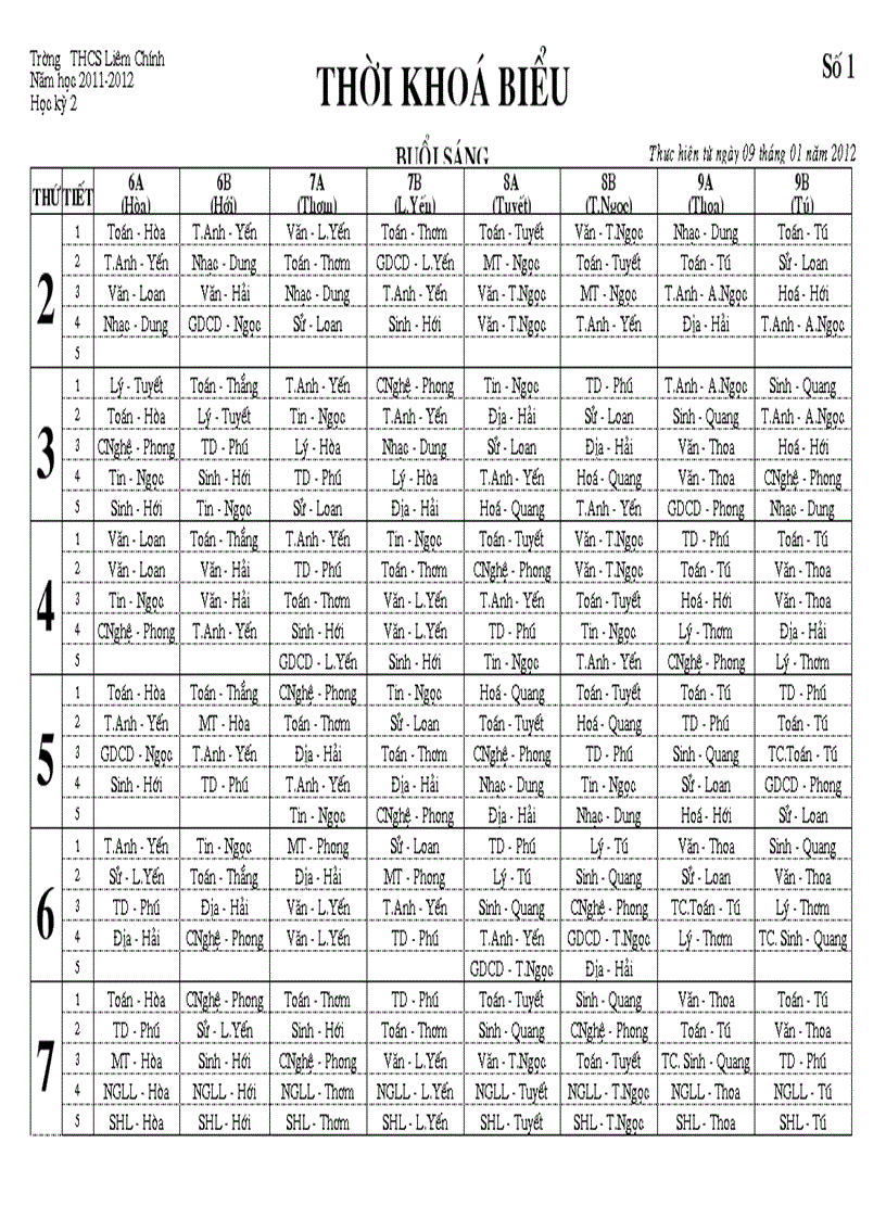 Thời khóa biểu HK2 năm học 2011 2012