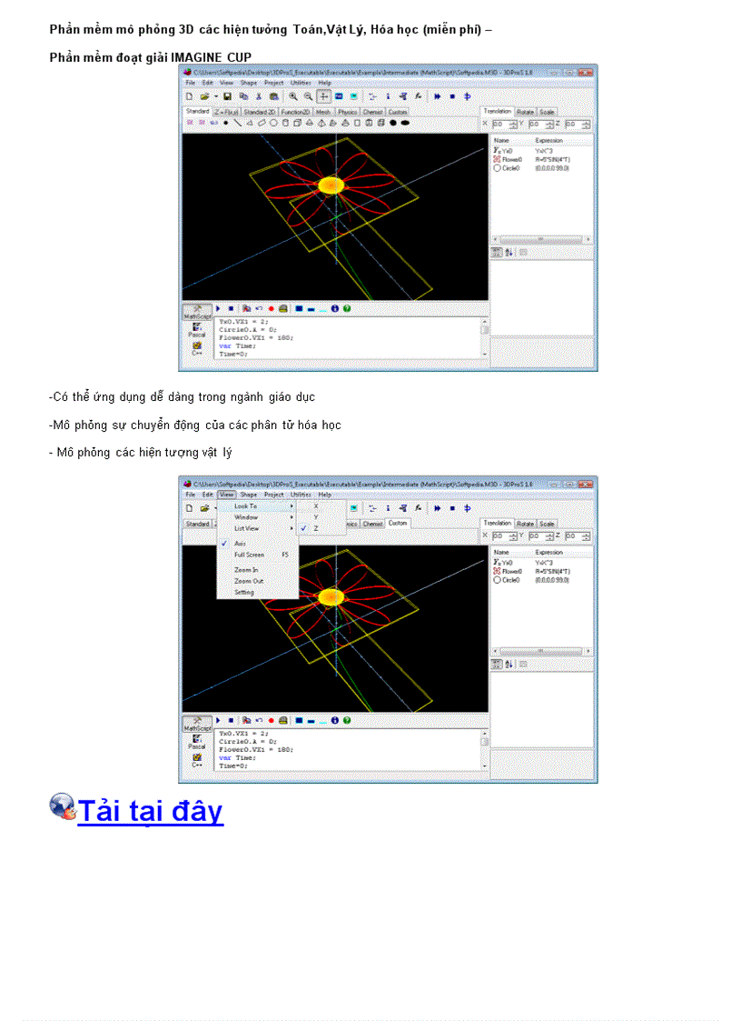 3DProS Executable mô phỏng 3D các hiện tượng Toán Lí Hóa