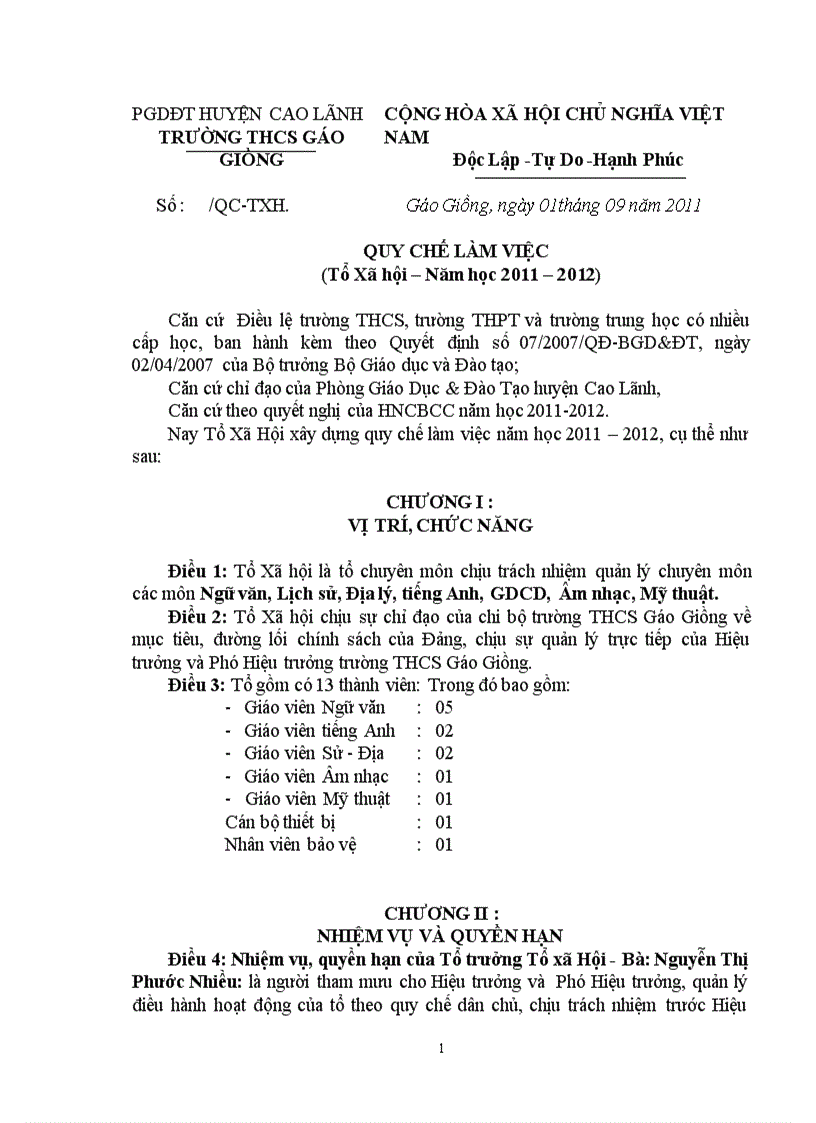 Qui chế hoạt động tổ chuyên môn 2011 2012