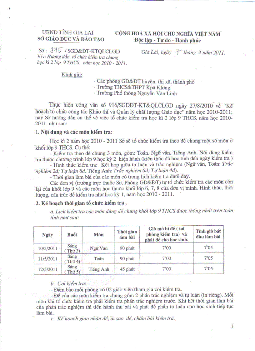 Kế hoạch kiểm tra hoc ky ii lop 9 nam hoc 2010 2011