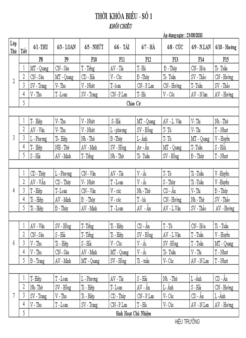 Thời khóa biểu số 1