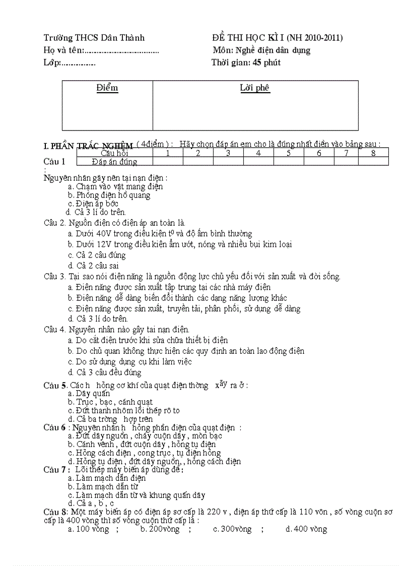 Đề thi học kỳ I điện dân dụng