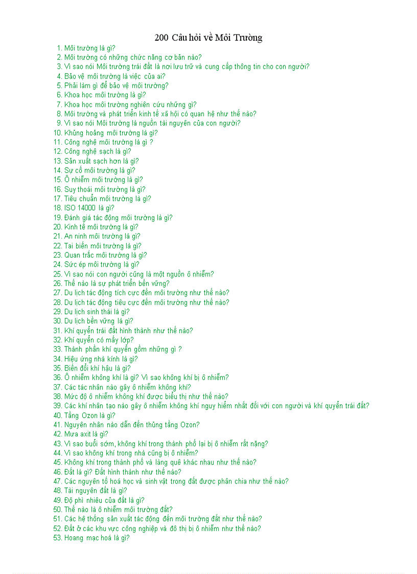 200 Câu hỏi về Môi Trường