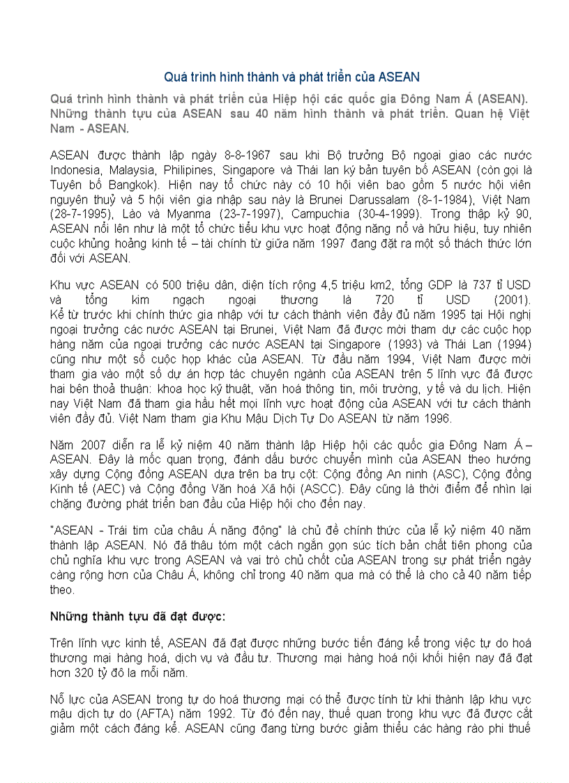 Quá trình hình thành và phát triển của ASEAN
