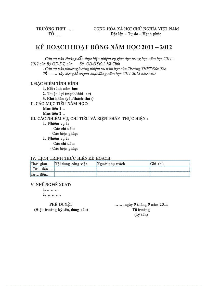 Mẫu kế hoạch tổ CM