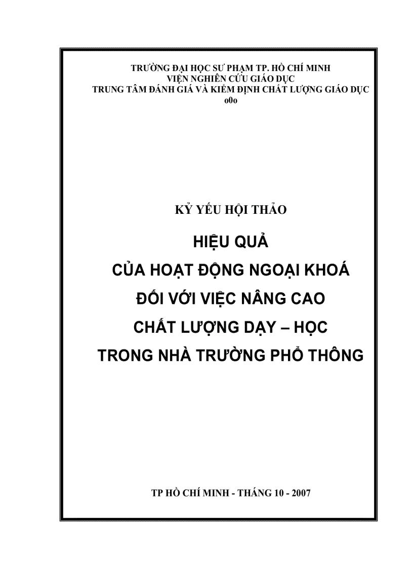 Hiệu quả của hoạt động ngoại khóa đối với việc nâng cao chất lượng dạy học