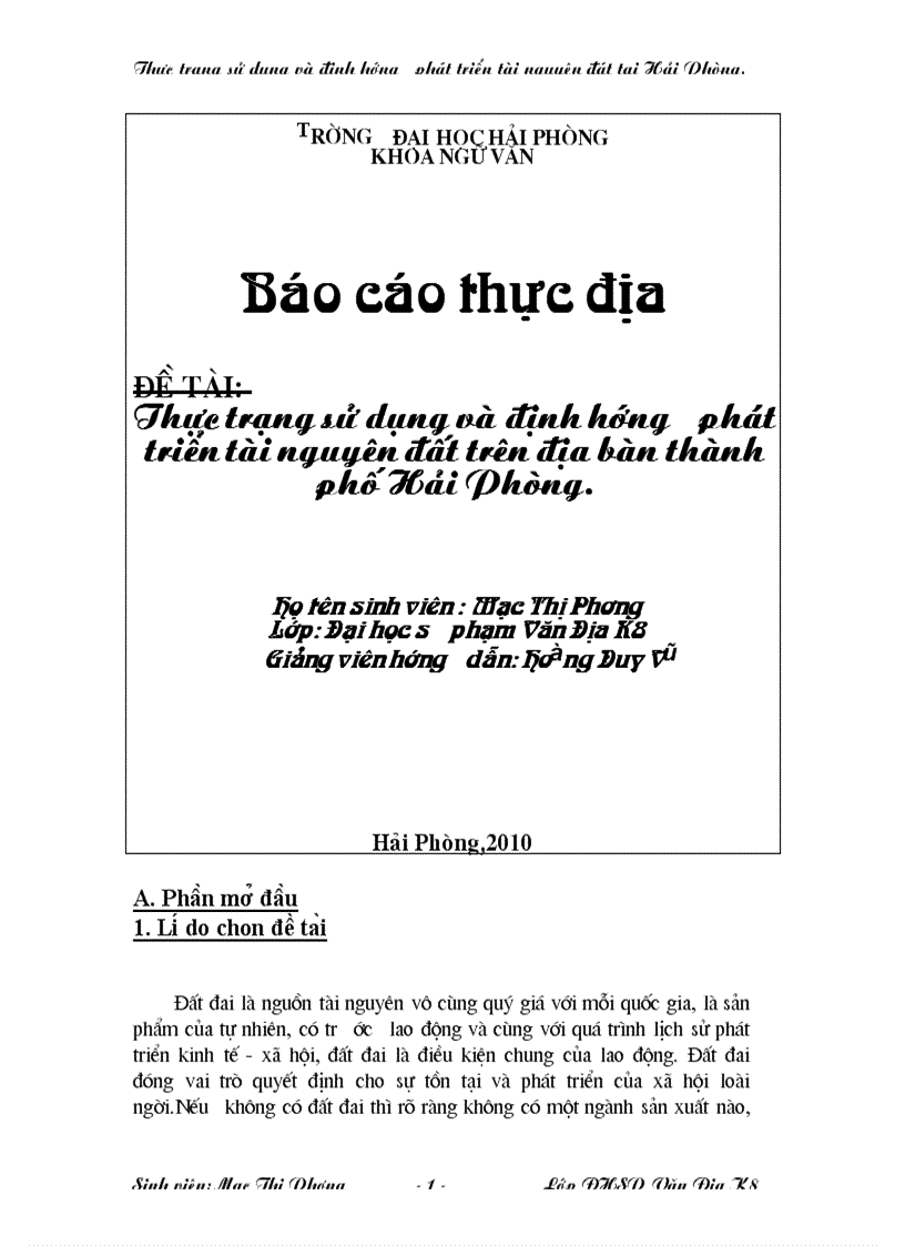 Thực trạng sử dụng và phát triển tài nguyên đất trên địa bàn thành phố Hải Phòng trong tương lai