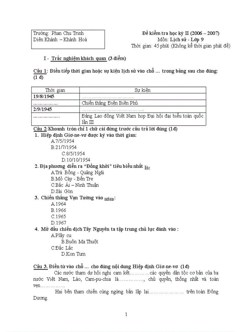 Đề thi lịch sử 9 các tỉnh