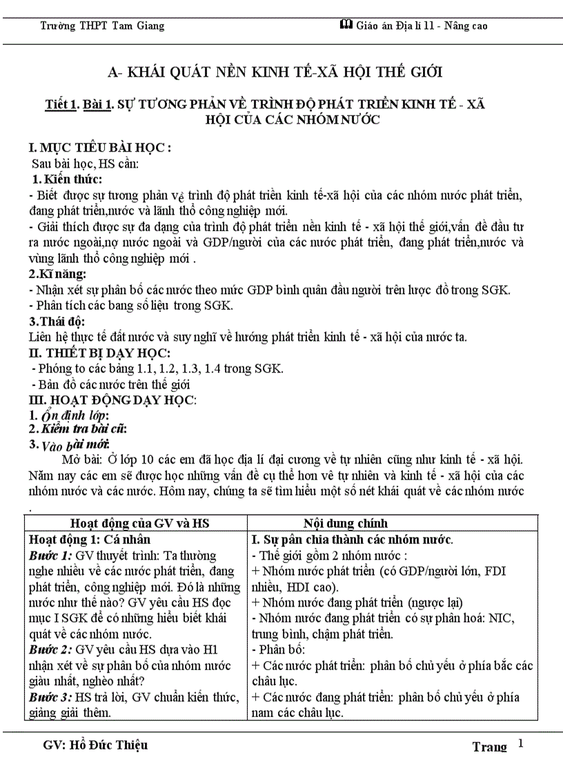 Giáo án 11 nâng cao cả năm