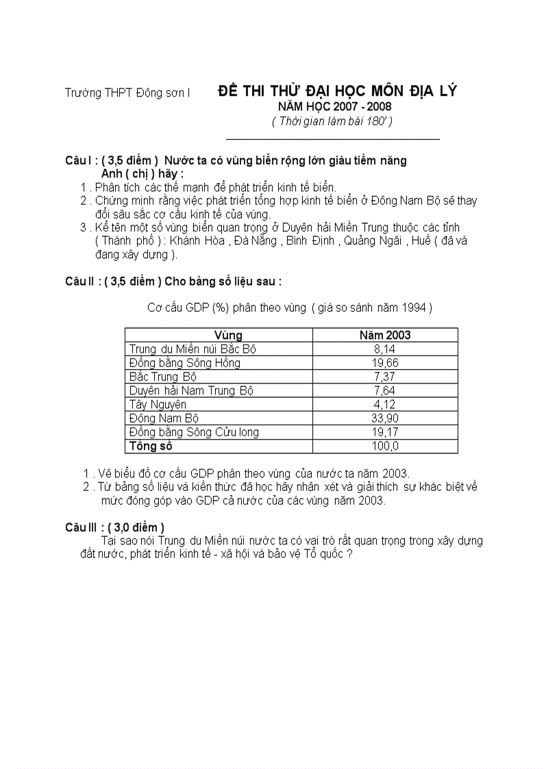 Đề thi thử ĐH Địa Năm 2007 2008