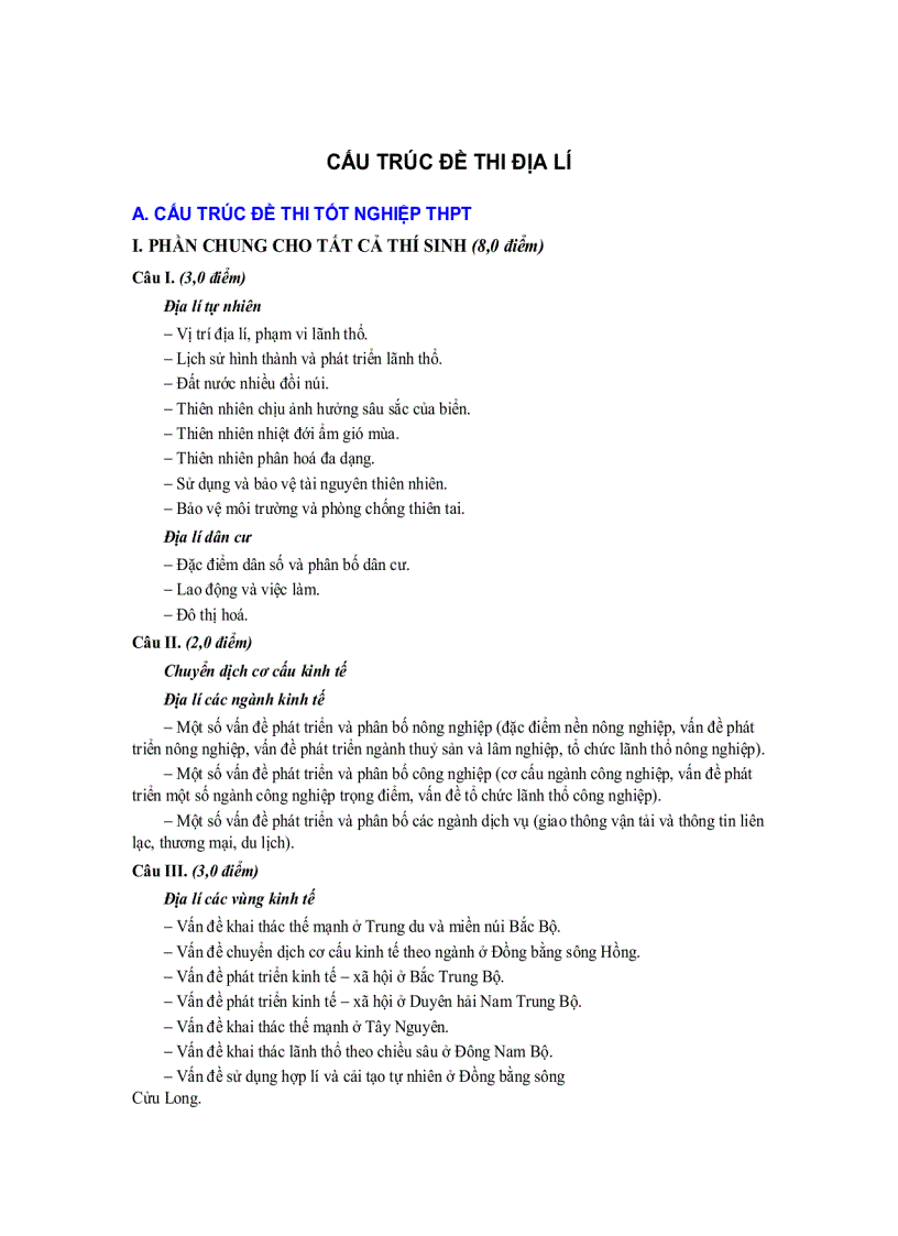 Cấu trúc đề thi Địa lý