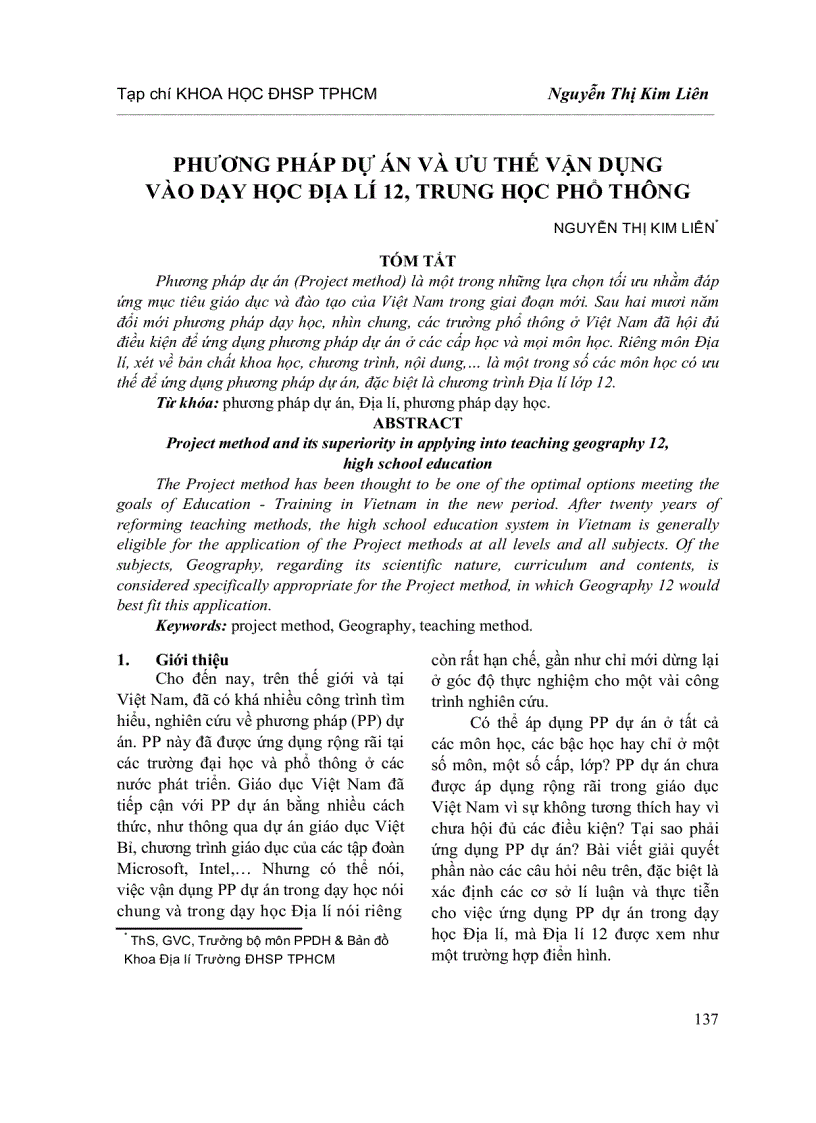 Phương pháp dự án và ưu thế vận dụng vào dạy học Địa lí 12 trung học phổ thông