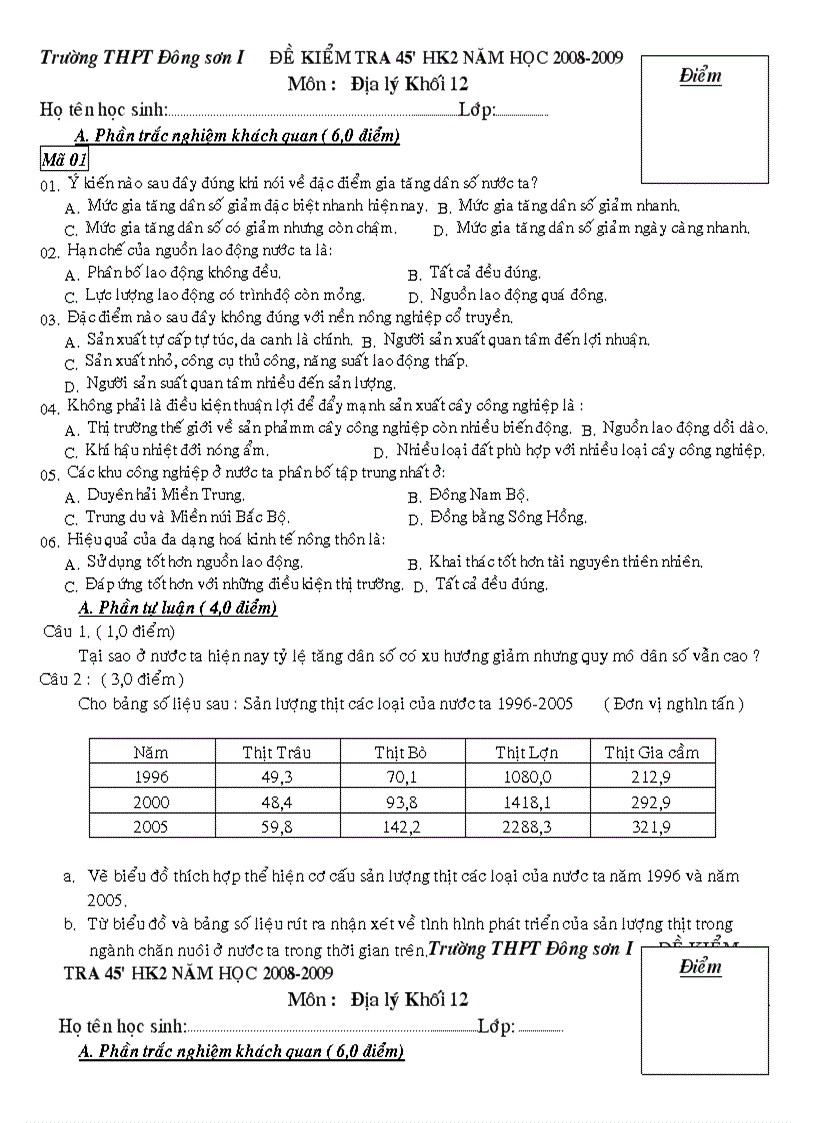 Đề KT 45 HK2 K12 Đáp án 08 09