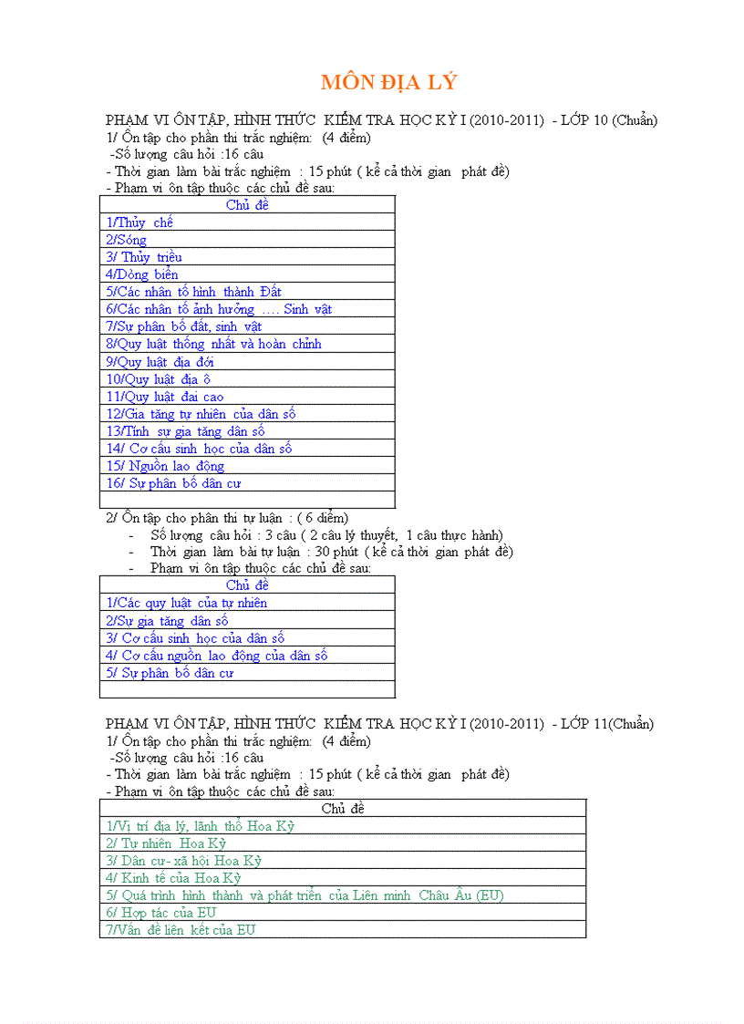Ma trận đề HKI Địa 10 11 12