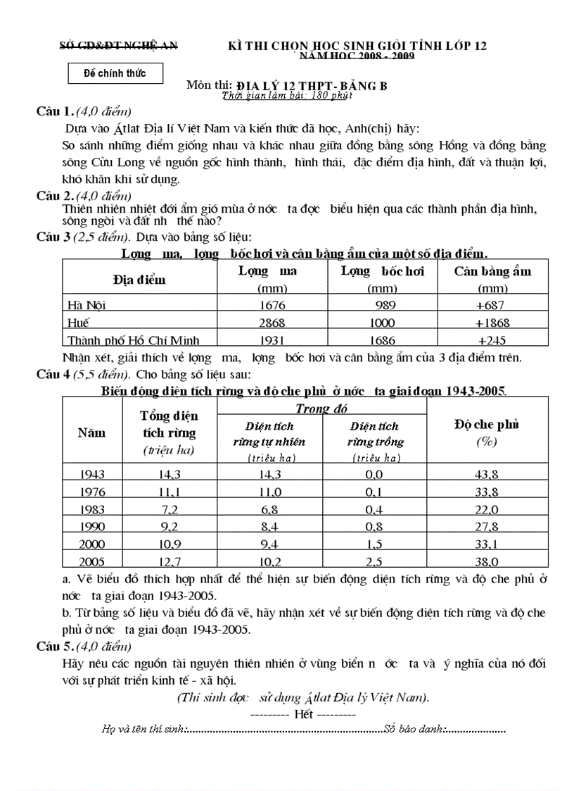Đề địa bảng b hsg 2008 2009