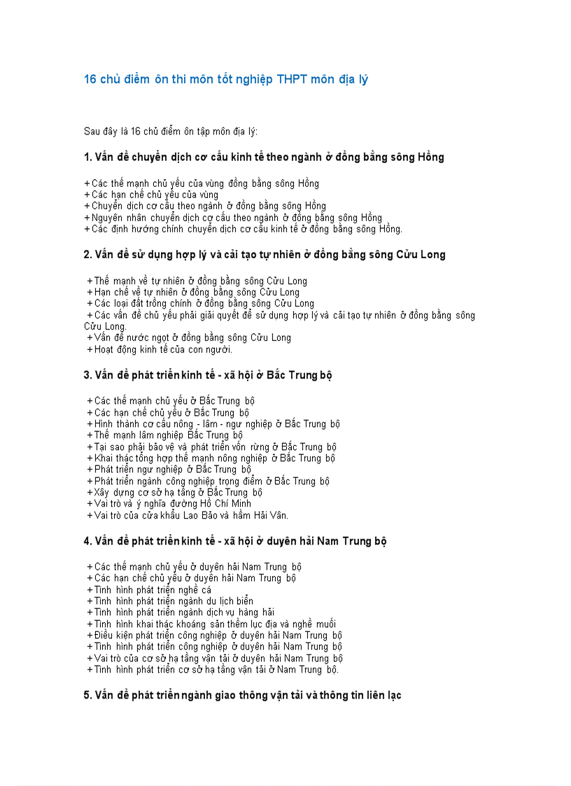 16 chủ điểm ôn thi TN THPT môn địa lí