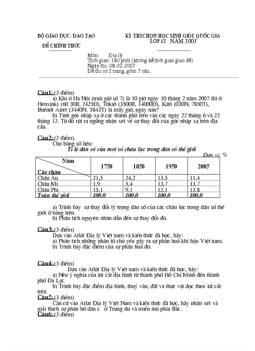 Đề thi HSG Quốc gia 2007