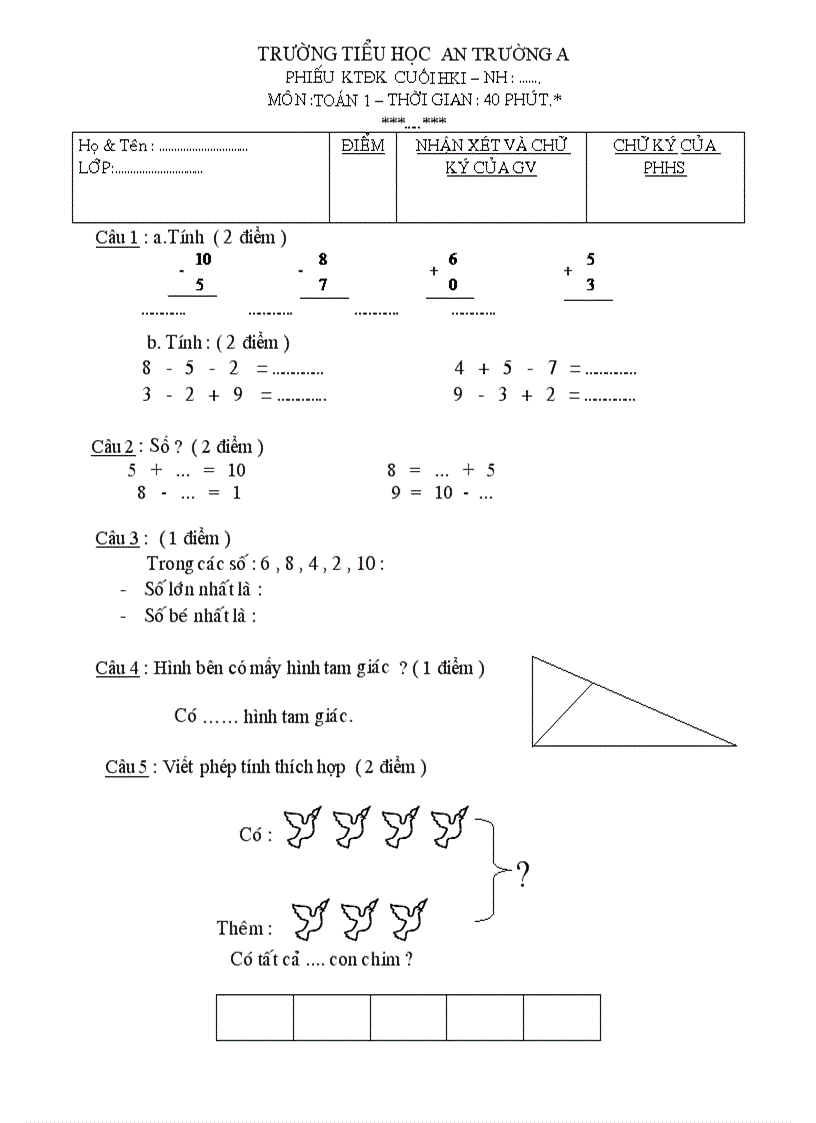 Đề thi KTDKLII khối 1 theo CKTKN