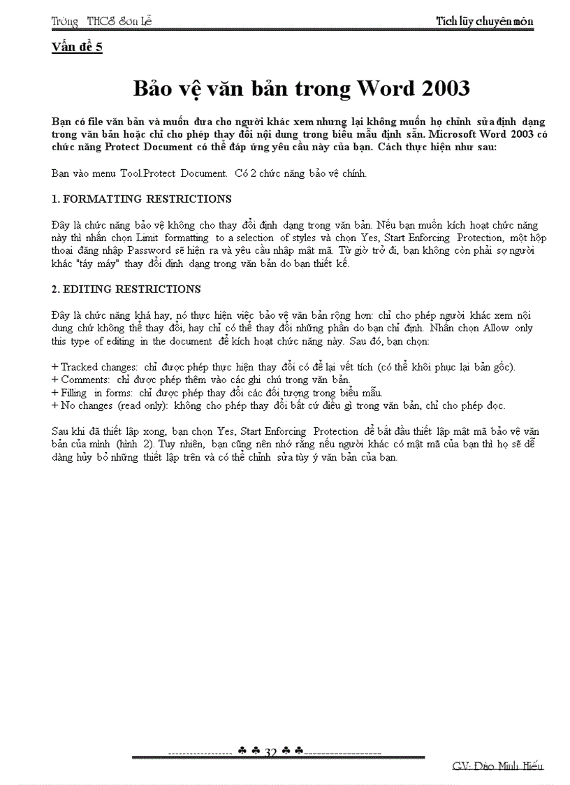 Bao vệ văn ban trong Word 2003