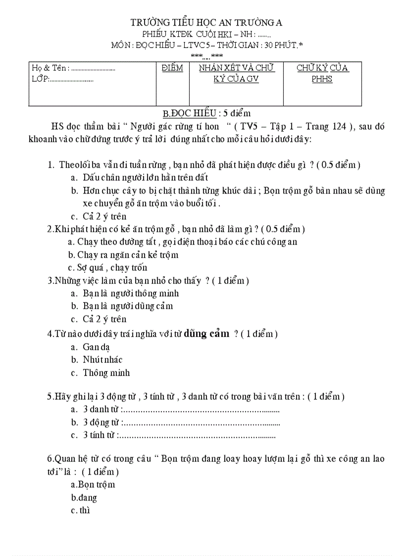 Đề thi KTDKLII khối 5 theo CKTKN