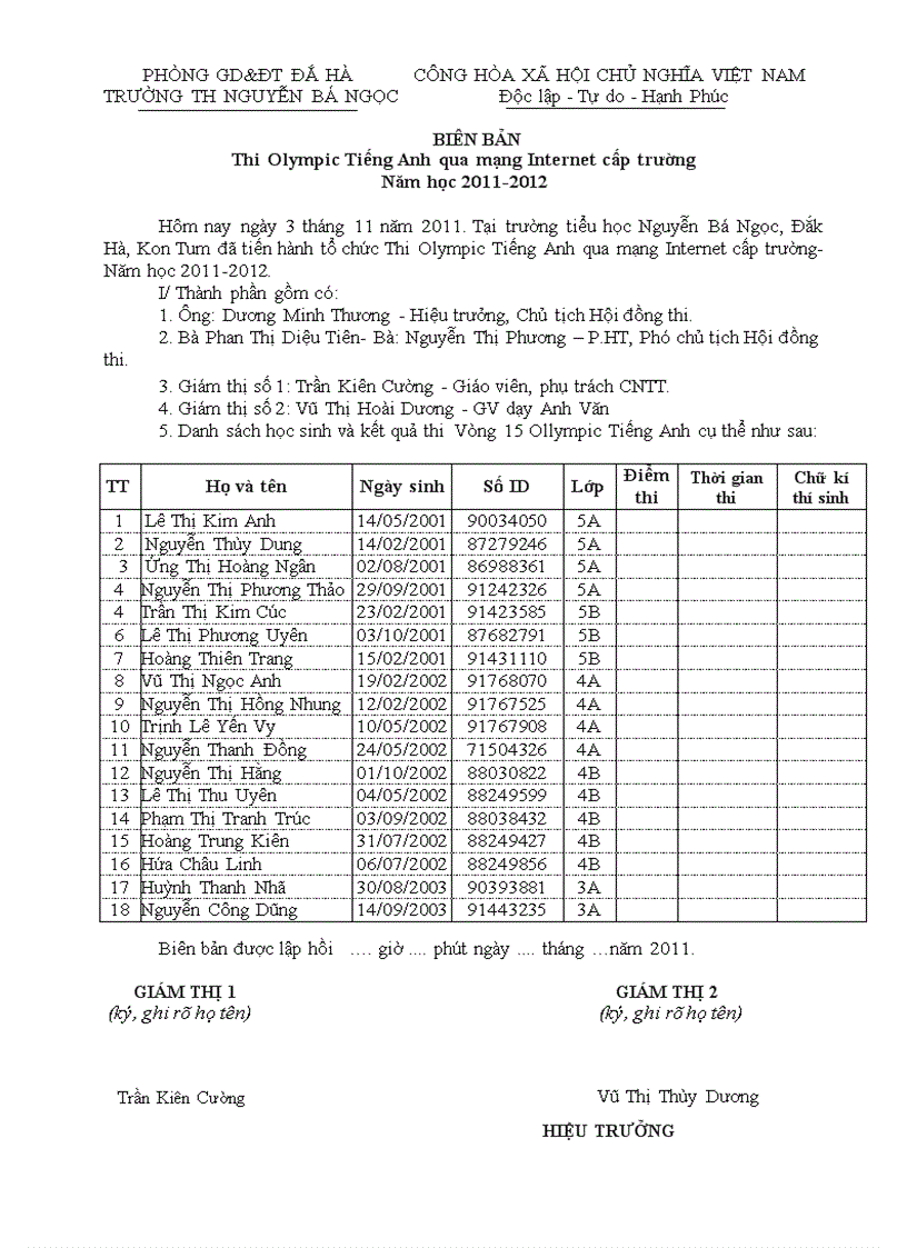 Biên bản phòng thi Olympic Tiếng Anh qua mạng Internet cấp trường Năm học 2011 2012