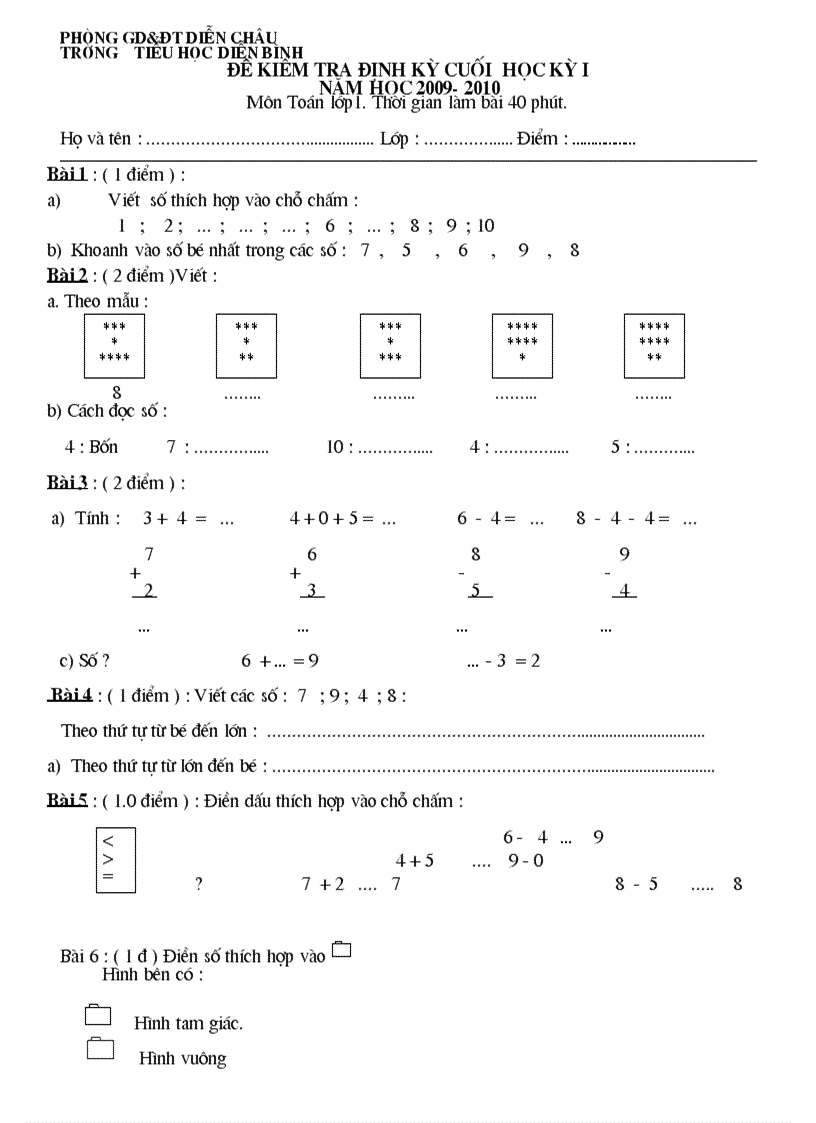 Dề KTĐK cuối học kỳ 1 năm học 2009 2010