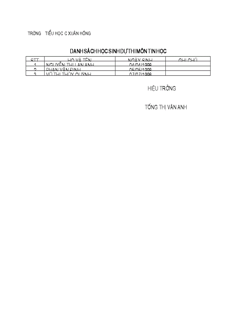 Danh sách HSG Xuân Hồng C