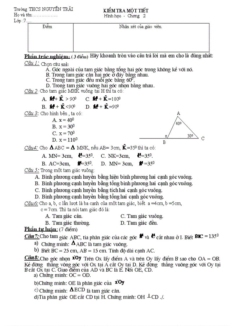 Đề kiểm tra 1 tiết hình học 7