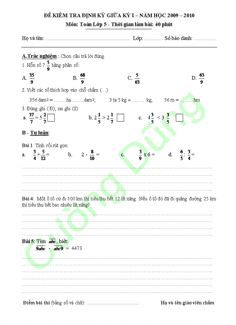 De KTDK lan 1 Toan L1 2 3 4 5 09 10