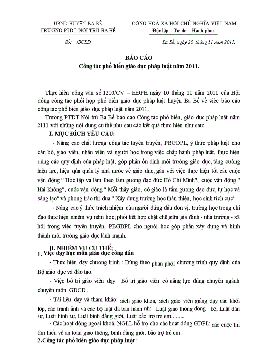 Báo cáo cong tac phổ biến giáo dục pháp luật nam 2011