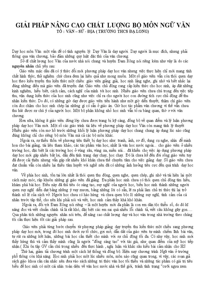 Giải pháp nâng cao chất lượng mông Ngữ Văn